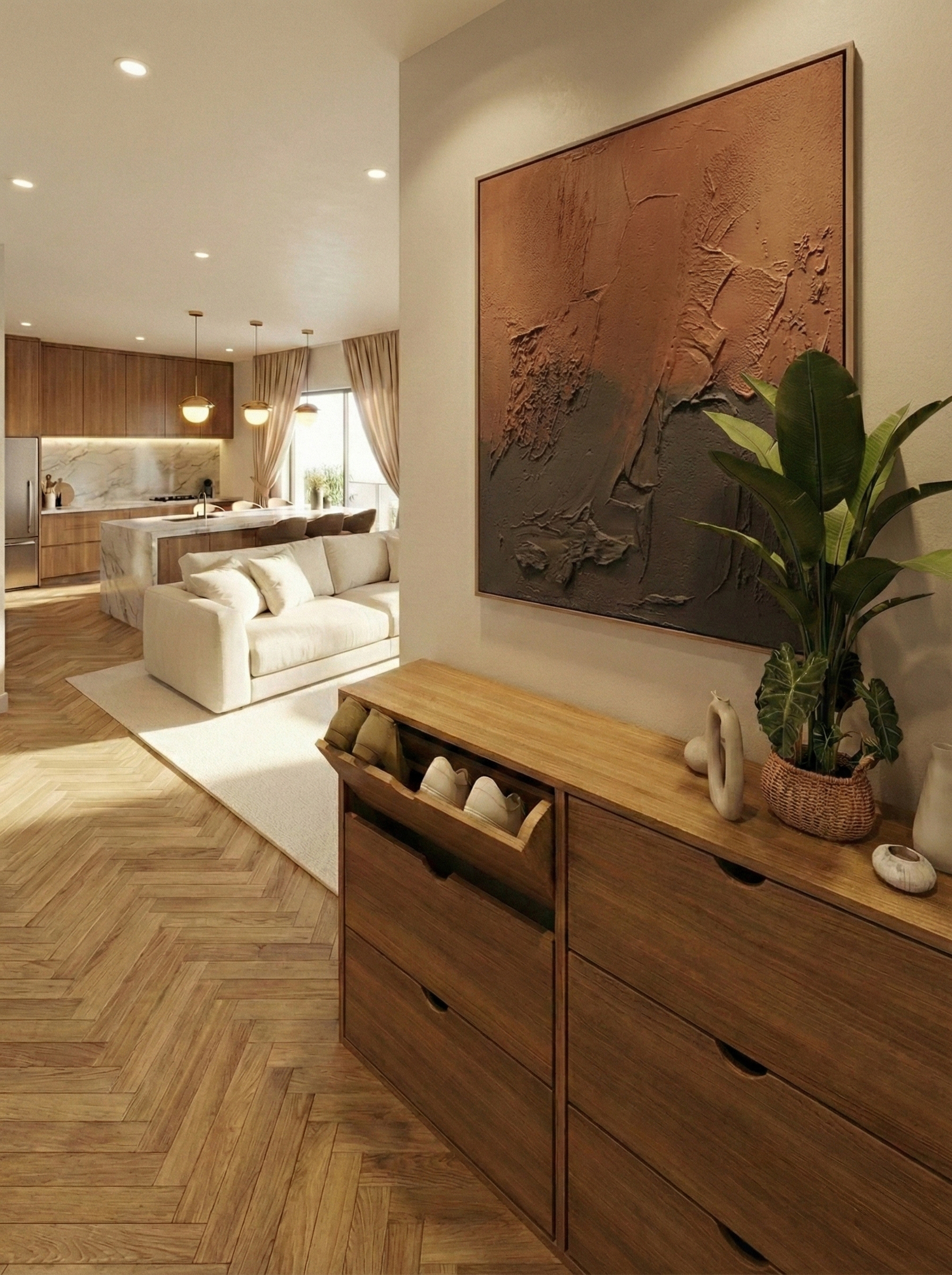 Materialmuster aus Holz, Stein, Glas, Metall und Naturtextilien